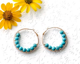 Christmas Gift Ideas|for|Her Present|for|Woman Gift Turquoise Earrings Rose Gold Earrings Hoop Earrings Turquoise Jewelry Trend Jewelry Gift