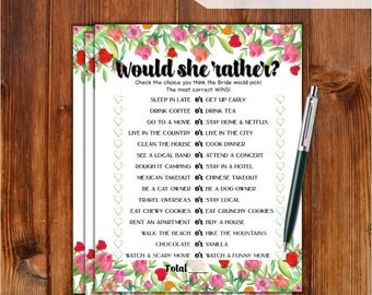 Would She Rather Bridal Shower Game - Roses Flowers Theme Printable Bridal Shower Game - Bachelorette Party Night - Hen Party Game RS79