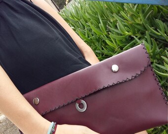 Personalized Leather Envelope Clutch Bag, leather envelope pouch, elegant and spacious, burgundy