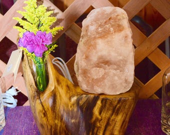 Custom salt lamp with driftwood base. Includes votive for small flower arrangement.