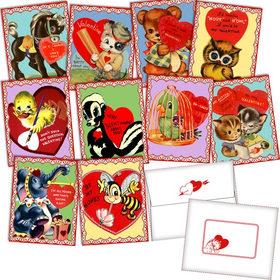 Vintage Retro 1950s Cute Animal Valentine Cards Digital File