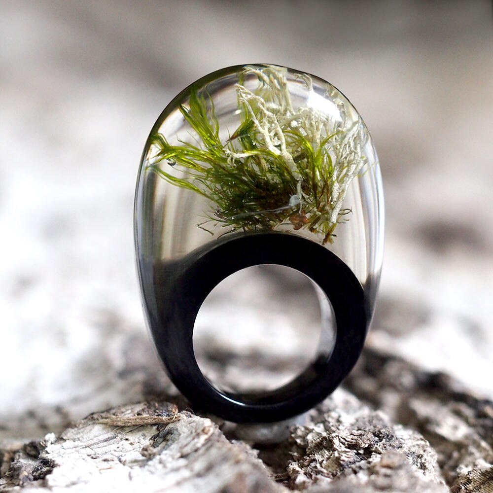 Moss Ring Unique Clear and Black Resin Ring with Natural