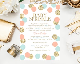 Baby Sprinkle Invitations Gold Glitter Baby Shower Gender Neutral Shower New Baby Twinkle Twinkle Coral and Teal Shower Printables 5x7 Cards