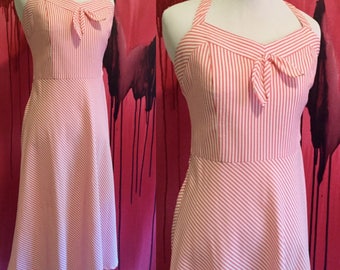 Candy striper dress, vintage 1980s does 1950s dress in red and white stripe, halter dress size 6 or 8, retro style stripe summer dress