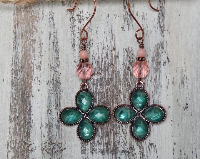 Rose Gold Earrings Pale Pink & Teal Cross Earrings Rose Gold Copper Aqua Blue Spiritual Pastel Long Boho Earrings