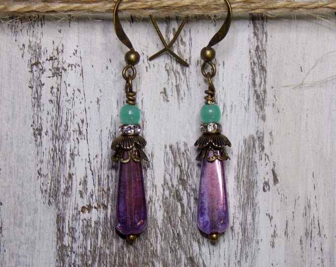 Victorian Czech Glass Dangle Earrings Vintage Style Downton Abbey Jane Austen Jewelry Purple Green Opal Teal Gemstone Spindle Earrings