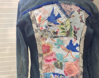Upcycled Embellished Denim Jean Jacket with Hood, Birds Butterflies and Vintage Textiles