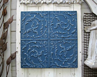 Tin Ceiling Tile. FRAMED 2x2 antique metal tile. Vintage architectural salvage. Indigo blue wall decor. Old pressed tin.