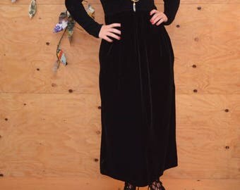 Vintage 90's Black Velvet Smocked Empire Waist Maxi Goth Dress SZ Medium