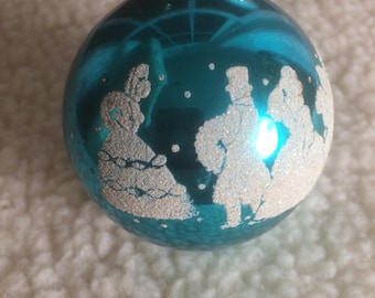Vintage Turquoise Glass Christmas Ornament 1950's Stenciled Tree Ornament with Christmas Carolers Made in USA
