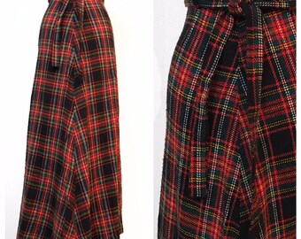 Wool 60s Vintage Plaid A line School Girl Maxi Skirt Size Extra Small