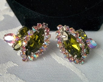 Vintage Sherman Clip On Earrings, Sherman Clip Back Earrings, Aurora Borealis Earrings