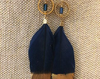 Blue feather earrings, blue and gold feather earrings, lightweight feather earrings, earrings, jcrew, jcrew earrings, jewelry
