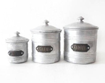 3 Mid Century Aluminium Canisters with Lid with French Brass Tags