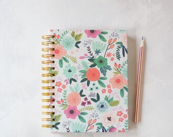 Pink + Green Illustrated Floral Hardcover Spiral Notebook - 100 pages - 6" x 8"