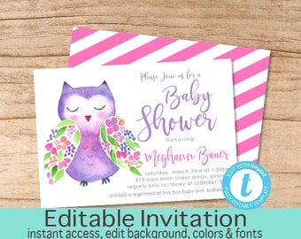Woodland Baby Shower Invitation, Owl Woodland Animal Invitation, Editable Baby Shower invite, Girl Woodland Invitation, Instant Download