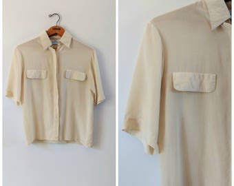Vintage cream silk short sleeve shirt blouse size medium