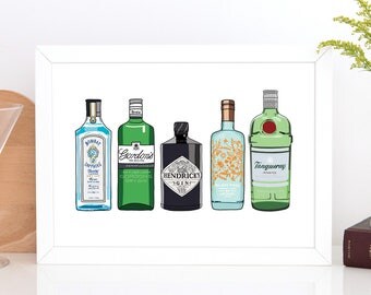 Gin Bottle Illustration Print Art for Gin Lovers Kitchen