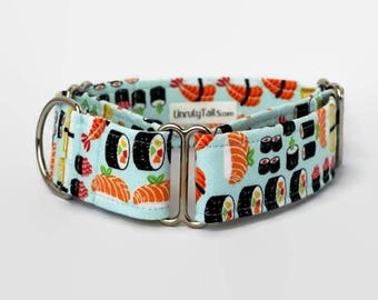 Sushi Adjustable Dog Collar - Martingale Collar or Side Release Buckle Collar - Sushi Rolls & Nigiri on light blue