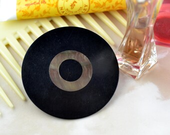 Black with Mother of Pearl - Large Circular Vintage Bakelite - Button Brooch - Upcycled - Repurposed - Sustainable - Eco Friendly Jewellery