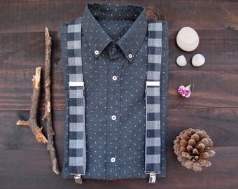 Checkered Mens Suspenders, Gray Suspenders, Mens Braces, Suspenders Y-back, Suspenders for men, Hipster suspenders, Valentines gift for him
