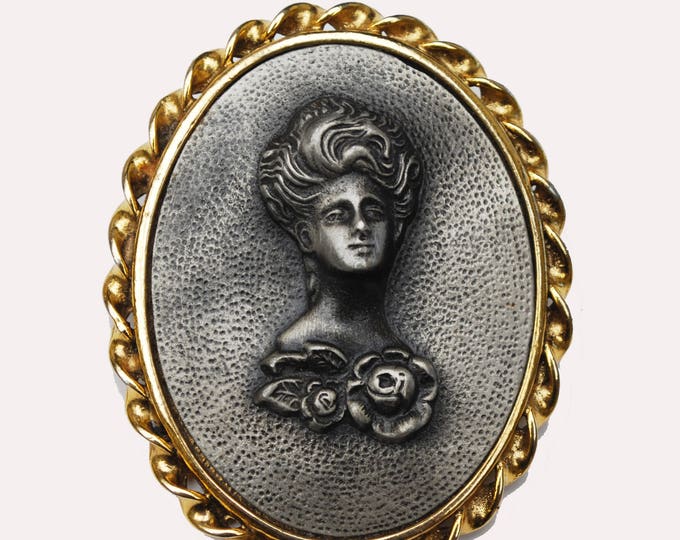 Raised Metal Cameo Brooch - Pewter rasied womenprofile - Gold metal - repousse grey metal Pin