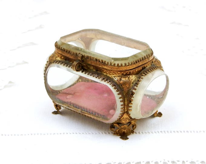 Small Antique French Beveled Glass Jewelry Box with Gilt Metal and Padded Velvet Lining, Napoleon III / 3 Thick Glass Trinket Box