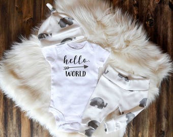 Gender Neutral Coming Home Outfit Baby Boy Baby Girl Coming Home Outfit: Organic Cotton Elephant Pants, Knot Top Hat, Hello, World Bodysuit