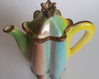 Rainbow Lustreware/Lusterware Teapot - Vintage Ruffled Tall Teapot w/Gold Trim, Nice Rainbow Colors With Gold Trim, Shabby Chic Decor