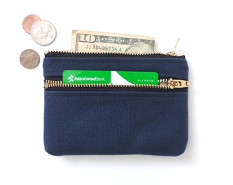 Double Zipper Wallet Coin Purse Pouch Canvas Navy Blue