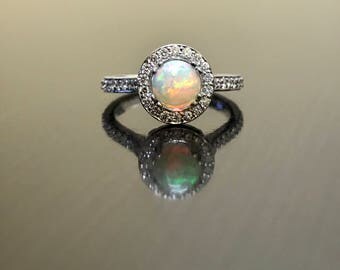 10k White Gold Opal & Diamond Halo Engagement Ring - Proposal Ring