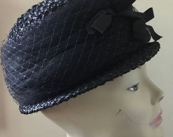 Black Straw Cloche Hat Size Medium