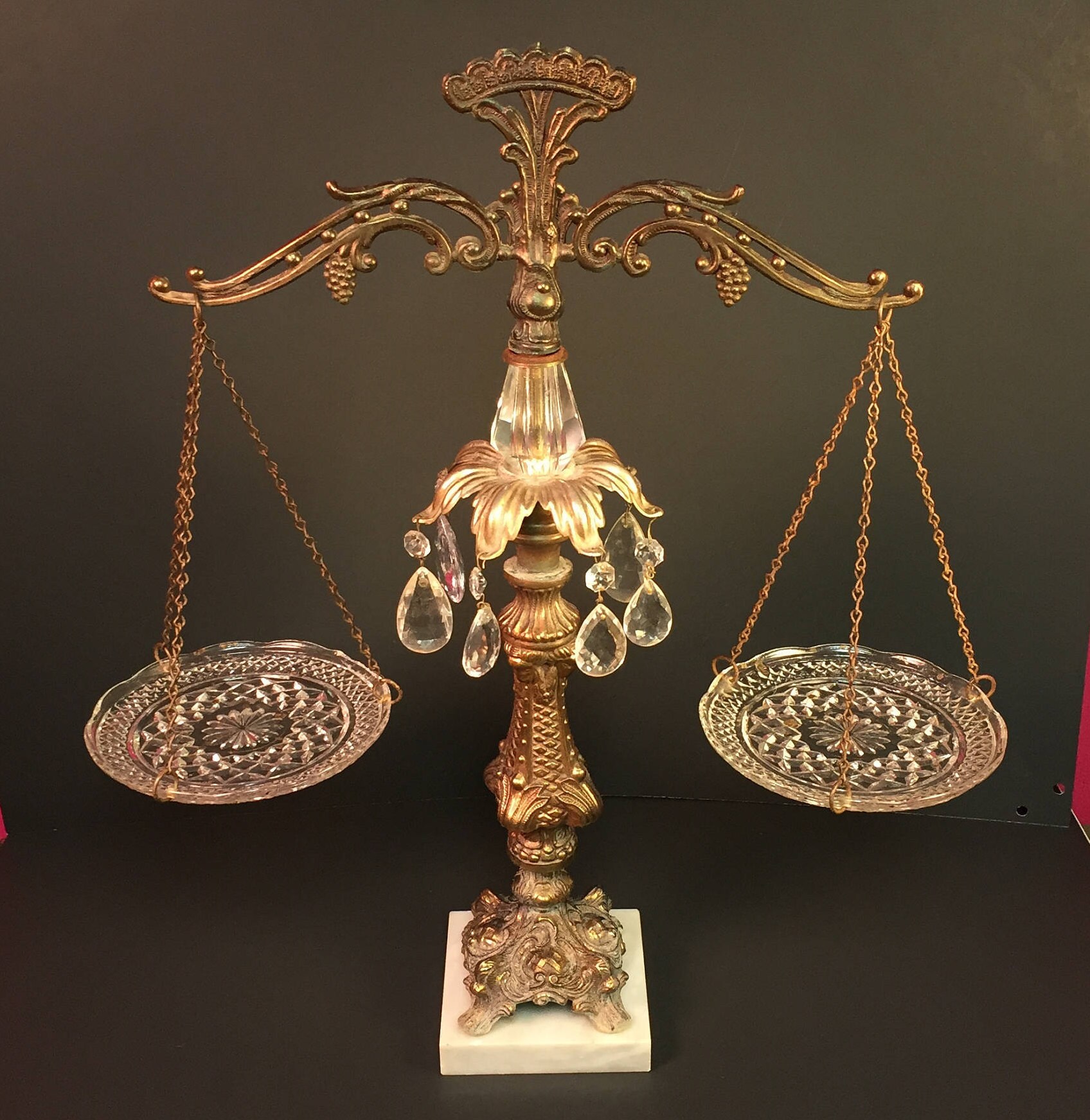 An ORNATE BRASS and Crystal Glass Scales of Justice Balance Scale with
