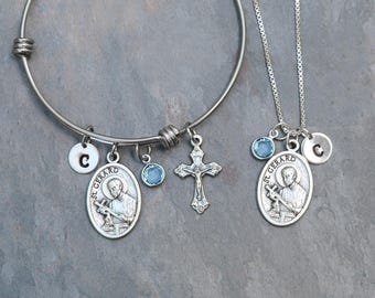 Saint St Gerard Personalized Bangle Bracelet and Necklace Set - Gift for Expectant Mothers - Pregnancy Motherhood Childbirth Fertility