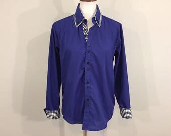 Womens Western Shirt Cowgirl Rodeo Rockabilly Shirt Country Western Clothing Checkered Royal Blue Gingham Size Large Womens Clothing