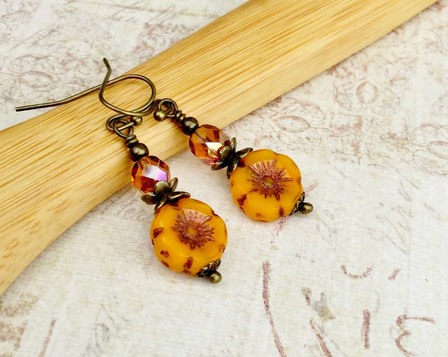 Orange Earrings Pansy Earrings Topaz Earrings Antique Gold