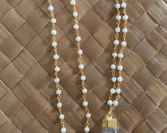 Pearl Rosary Chain Necklace with crystal