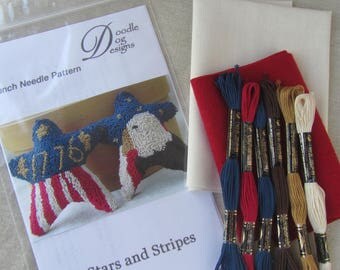 Primitive Punch Needle Paper Pattern ~ Americana ~ Needle Punch Embroidery Mailed Pattern ~ PunchNeedle Stars and Stripes ~ Patriotic