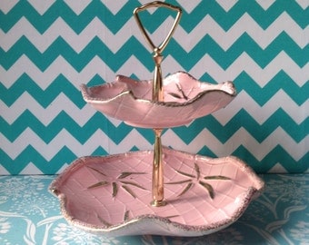 Ceramic tidbit tray, California Originals, two-tiered tidbit tray, pink tidbit tray, pink pottery, mid century pottery, 1955, 1950's