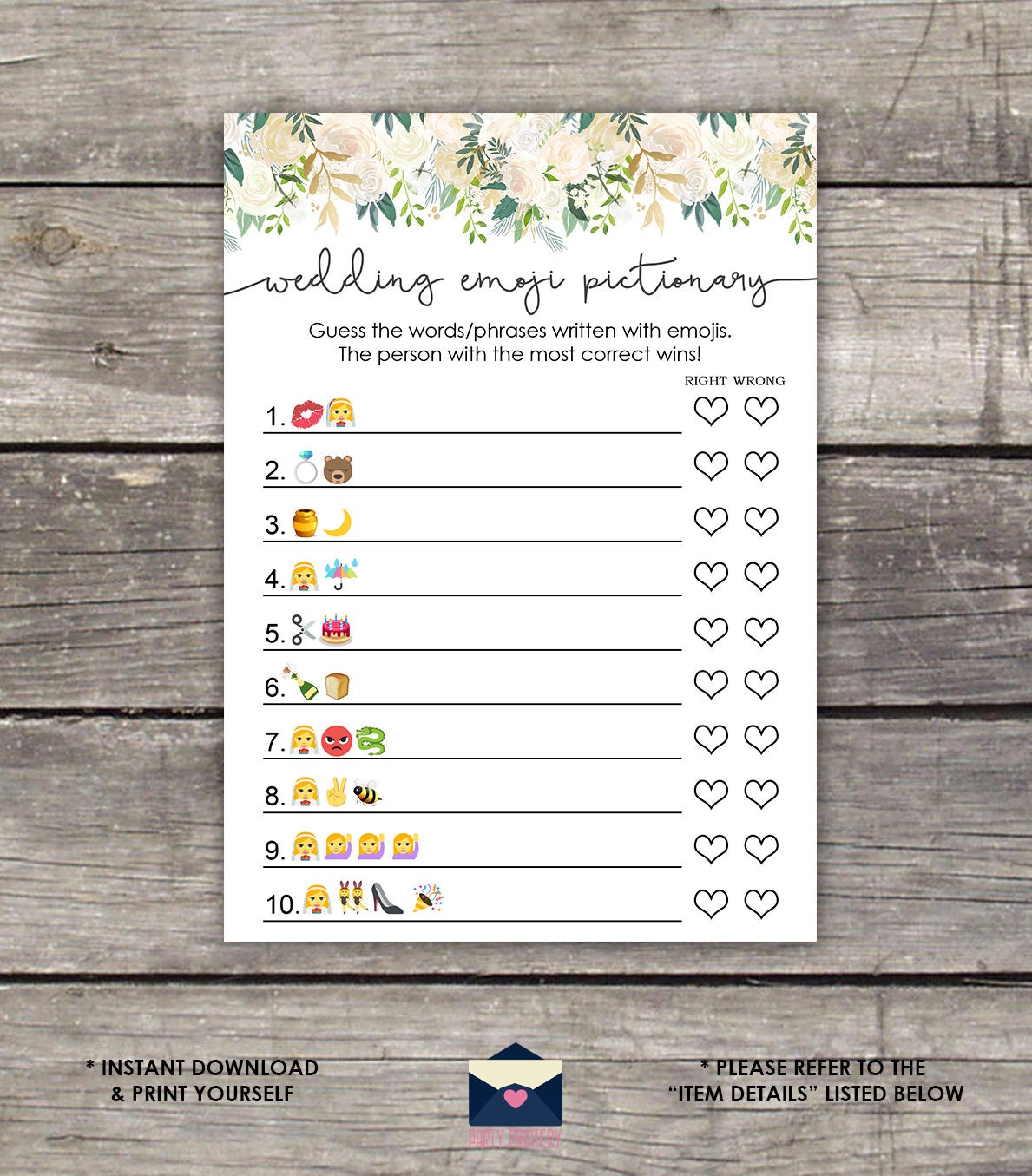 Greenery Bridal Emoji Pictionary Game Ivory and Greenery