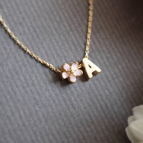 Personalized Cherry Blossom Initial Necklace Sakura Necklace