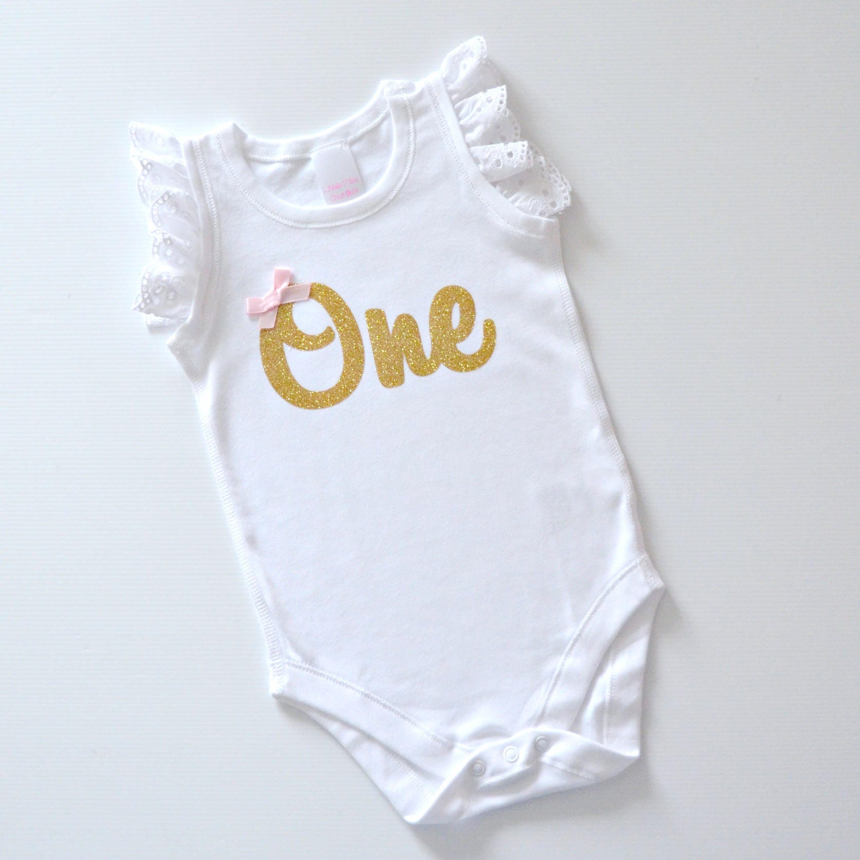 Lace Ruffle Flutter Sleeves Onesie Bodysuit with Gold Glitter