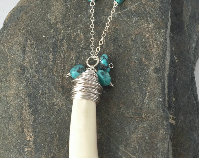 Boho Necklace Buffalo Tooth Necklace Silver and Turquoise Necklace