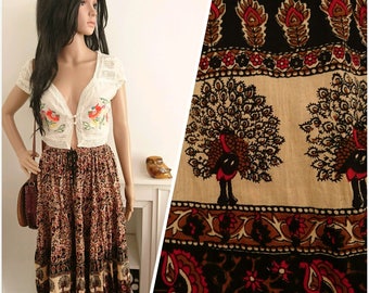 Vintage Boho Indian Block Print Floral Peacock Cotton Gauze Skirt / UK 12 14 16 / EU 42 44 46 / US 8 10 12