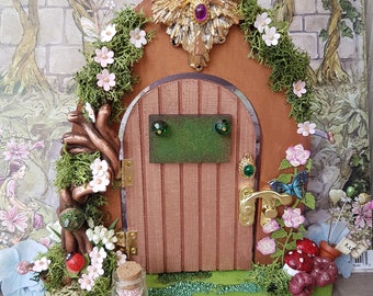 Fairy Queen Door in Rose Gold that opens with Fairy rules inside the door, Handmade Large Fairy Door with planted garden and wands,