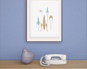 1960s poster, Mid century modern, MCM art, Retro decor, Rocket, Spacehip, Retro modern, Abstract retro, Mad Men era, 60s, Sci-fi