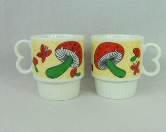 70s Stackable Mushroom Mugs - Red Green Yellow White Black - Mushrooms Butterflies - Small Japan Ceramic Stacking Cups - Vintage 1970's Mugs