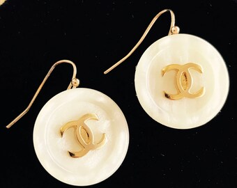 Repurposed Designer buttons, become a new pair of earrings, Inspired by Chanel C7117-21