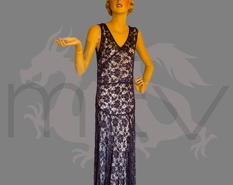 Dramatic 1930s Deep Purple Lace Bias Cut Dress Gown Versatile size