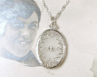 Antique Edwardian CAMPHOR Glass Necklace, Art Deco Silver Rhinestone Pendant Necklace, 1920s Flapper Bridal Vintage Wedding Jewelry
